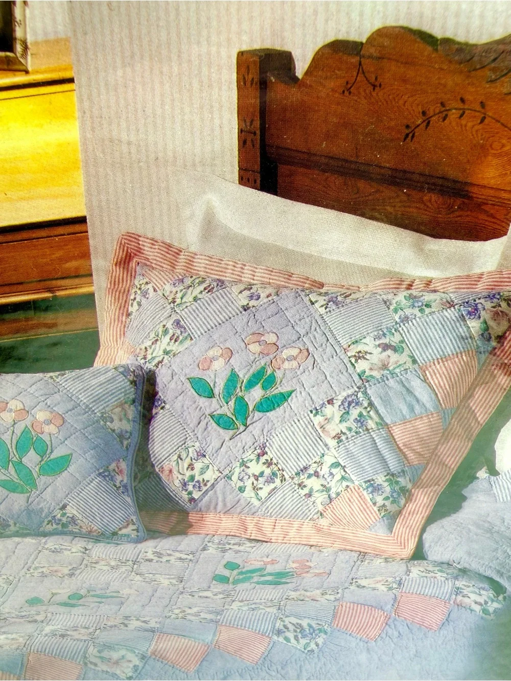American Pacific Blue Pink Pinstripes & Flowers Floral Patchwork Pillow Shams